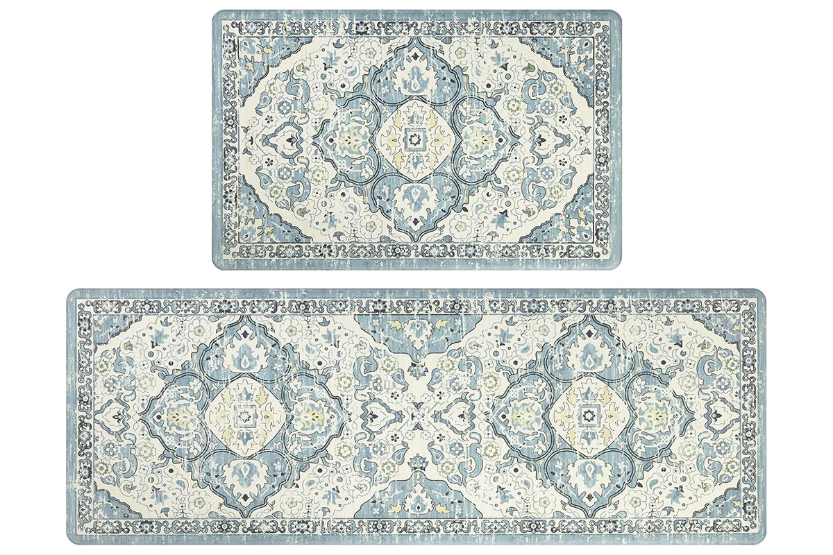 2Pcs Boho Anti-Fatigue Kitchen Mats Non-Slip Cushioned for Kitchen Sink Laundry-Cyan