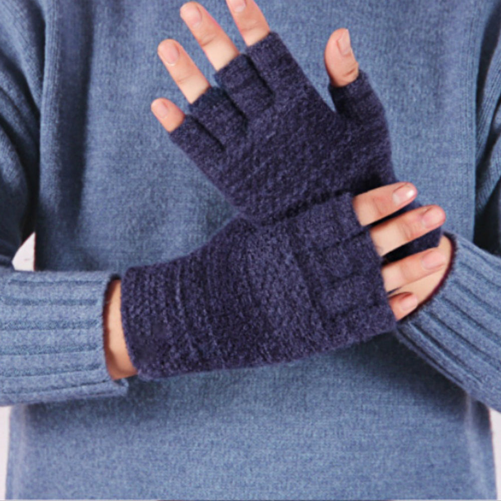 Winter Warm Fingerless Gloves Thermal Half Finger Knitted Mittens Navy