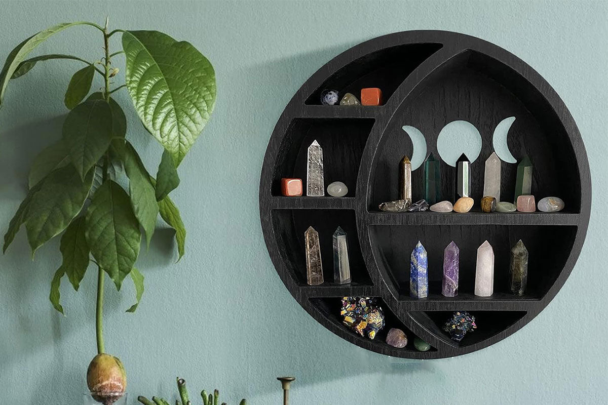 Wooden Shelf Halloween Crystal Display Shelf Decor-Round Moon