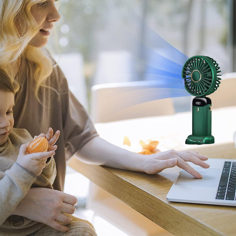 3-in-1 5 Speed USB Handheld Fan Mini Folding Digital Display Fan with Lanyard and Base Green