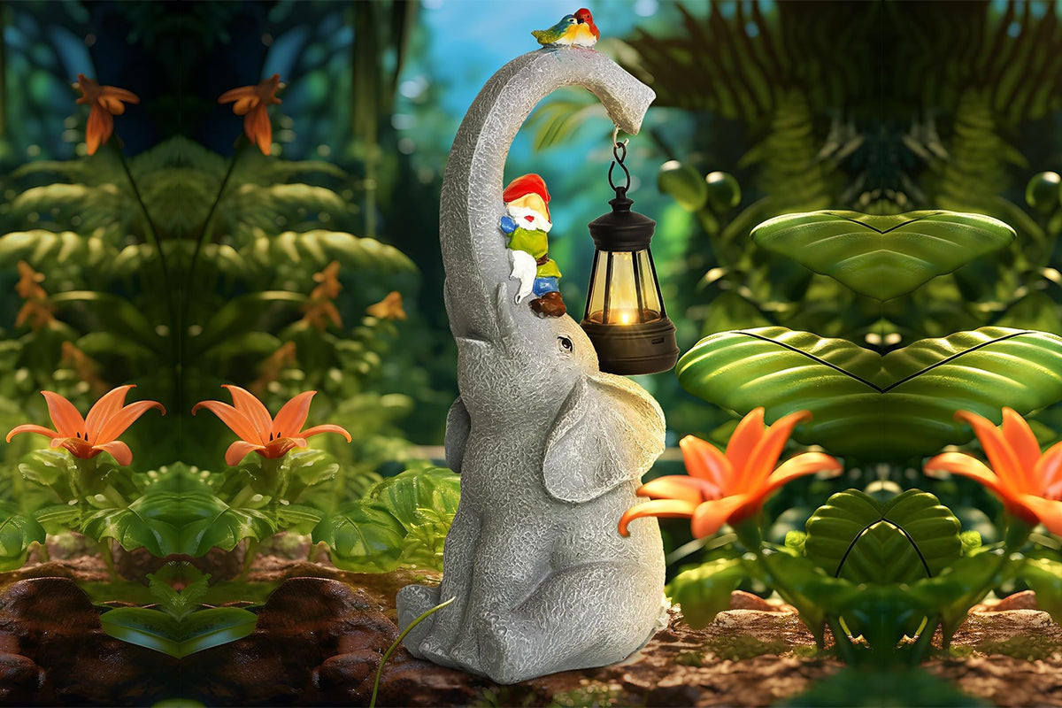 Solar Lights Garden Elephant Statue Outdoor Decor with Garden Gnome and Solar Lantern Outside Patio
