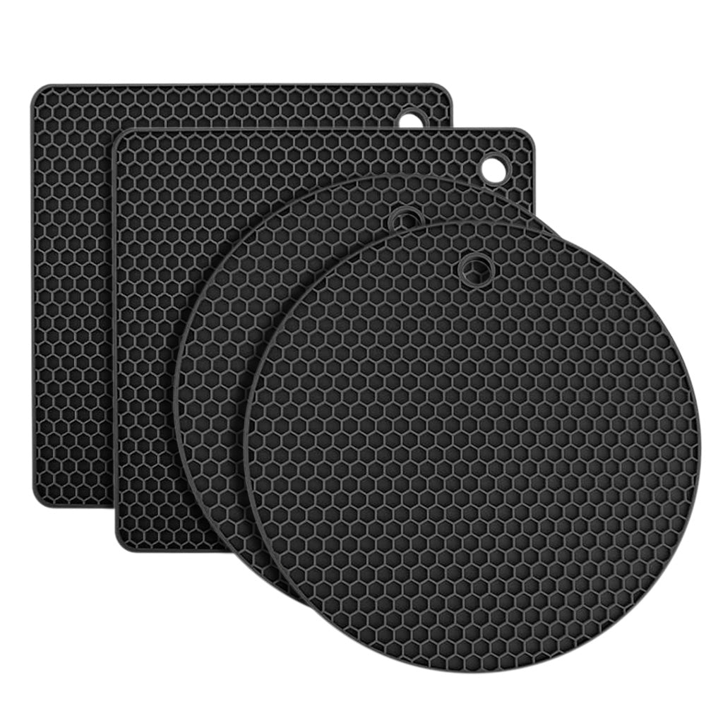 4Pcs Multipurpose Silicone Trivet Mats Heat Resistant Pot Holder Pads for Kitchen Black
