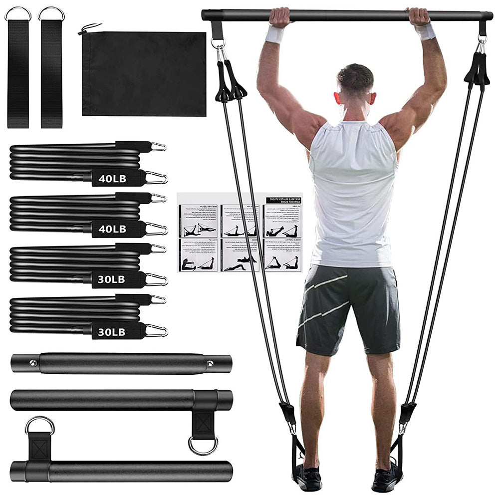 Multifunctional Pilates Bar Kit with Resistance Bands Portable Home Gym Core Strength Training Exercise Accessories Black