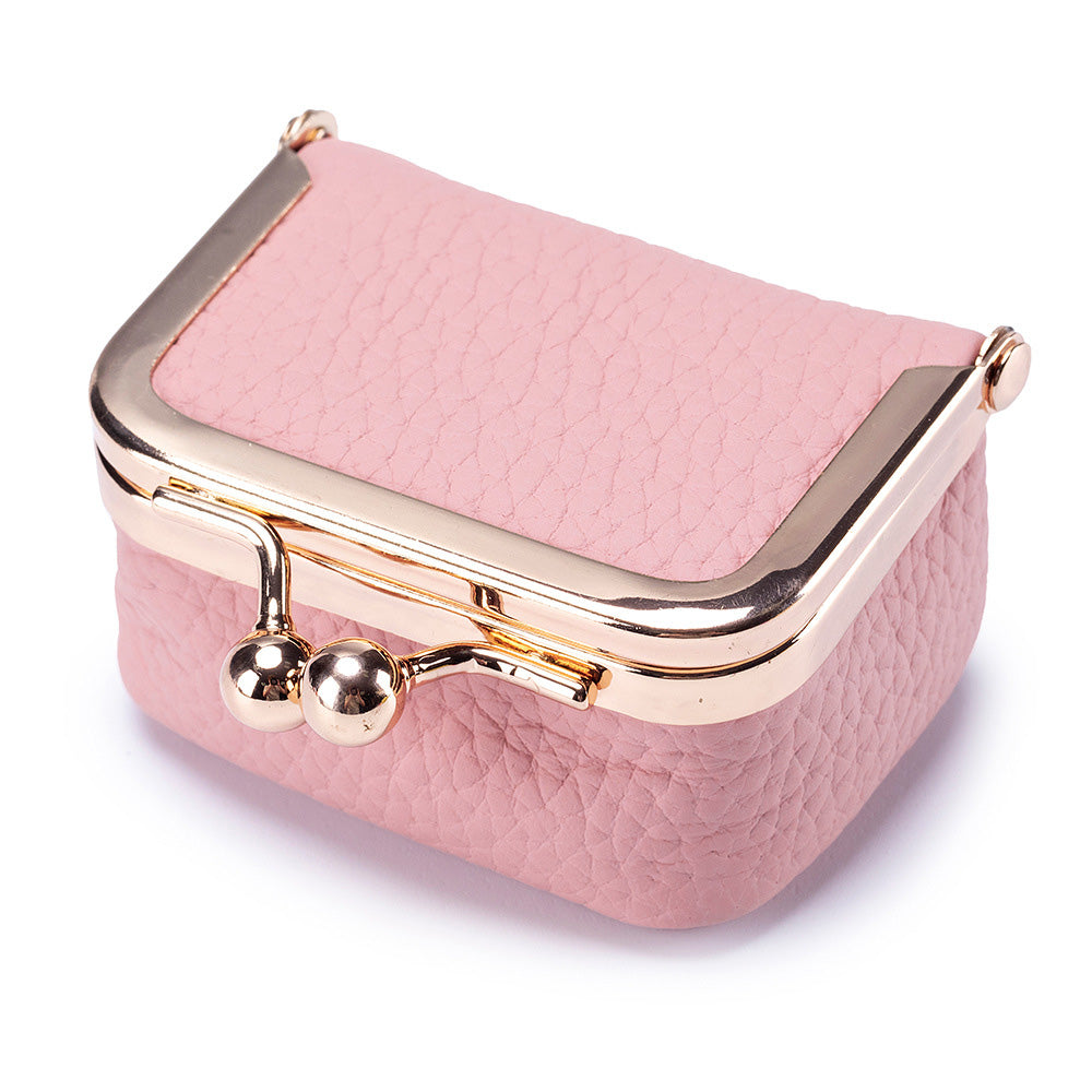 Mini Genuine Leather Jewelry Box Portable Vintage-Inspired Jewelry Case with Kiss Lock for Earring Ring Pink