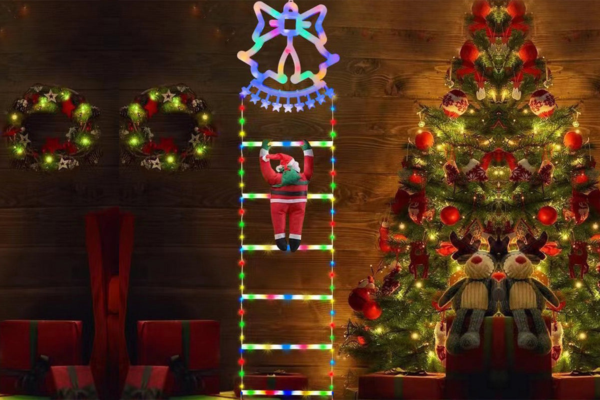 1.7M 160 LEDs Christmas Ladder Lights with Santa Claus Xmas Giant Climbing String Lights Decorative Outdoor Yard Led Ornaments-Bell
