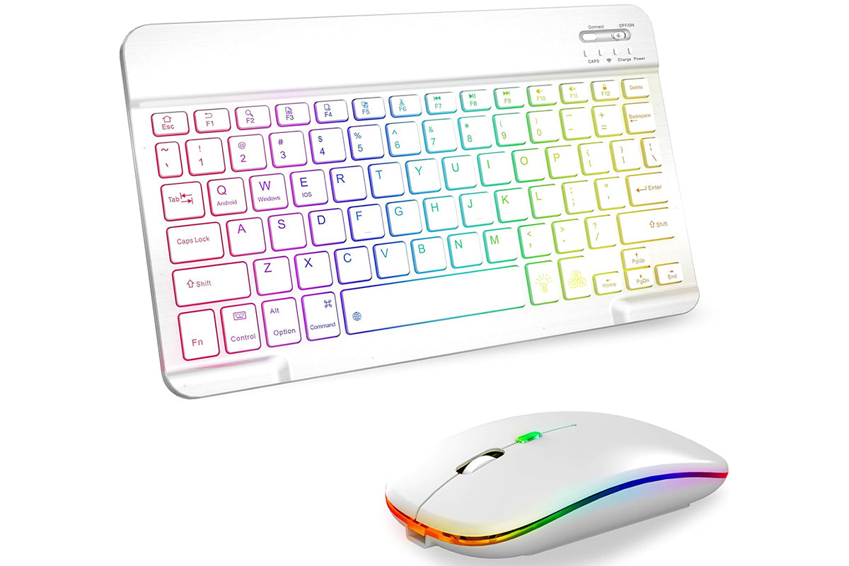 Ultra thin Bluetooth Keyboard and Mouse Combo for iPad Rechargeable RGB Wireless Keyboard Mouse 7-Color Backlit-White