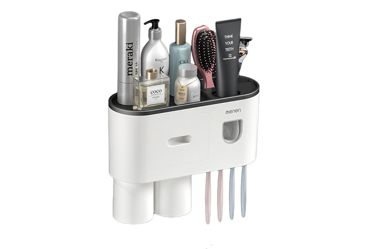 Wall Mounted Toothbrush Holder for Bathroom Automatic Toothpaste Dispenser Kit-Black