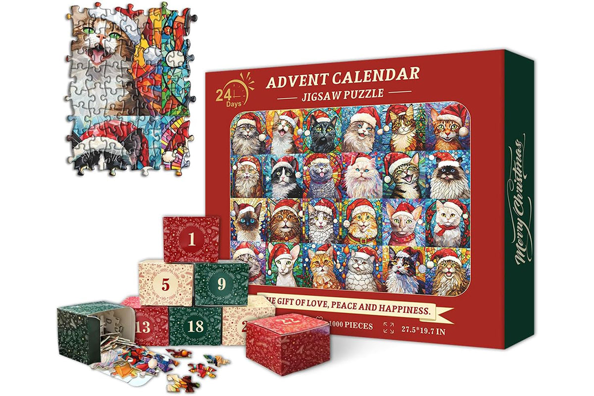 Christmas Advent Calendar 2025 Puzzles for Adults 1000 Pieces Cat Mosaic Stained Glass Puzzle Countdown Calendar