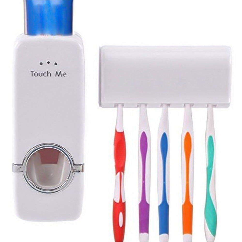 2Pcs Automatic Toothpaste Dispenser and Toothbrush Holder Set Wall Mounted Toothpaste Squeezer Toothbrush Organizer