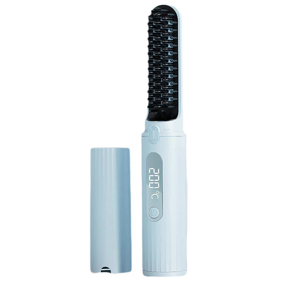 Portable Cordless Electric Hair Straightener Brush USB Rechargeable Heated Comb-Blue