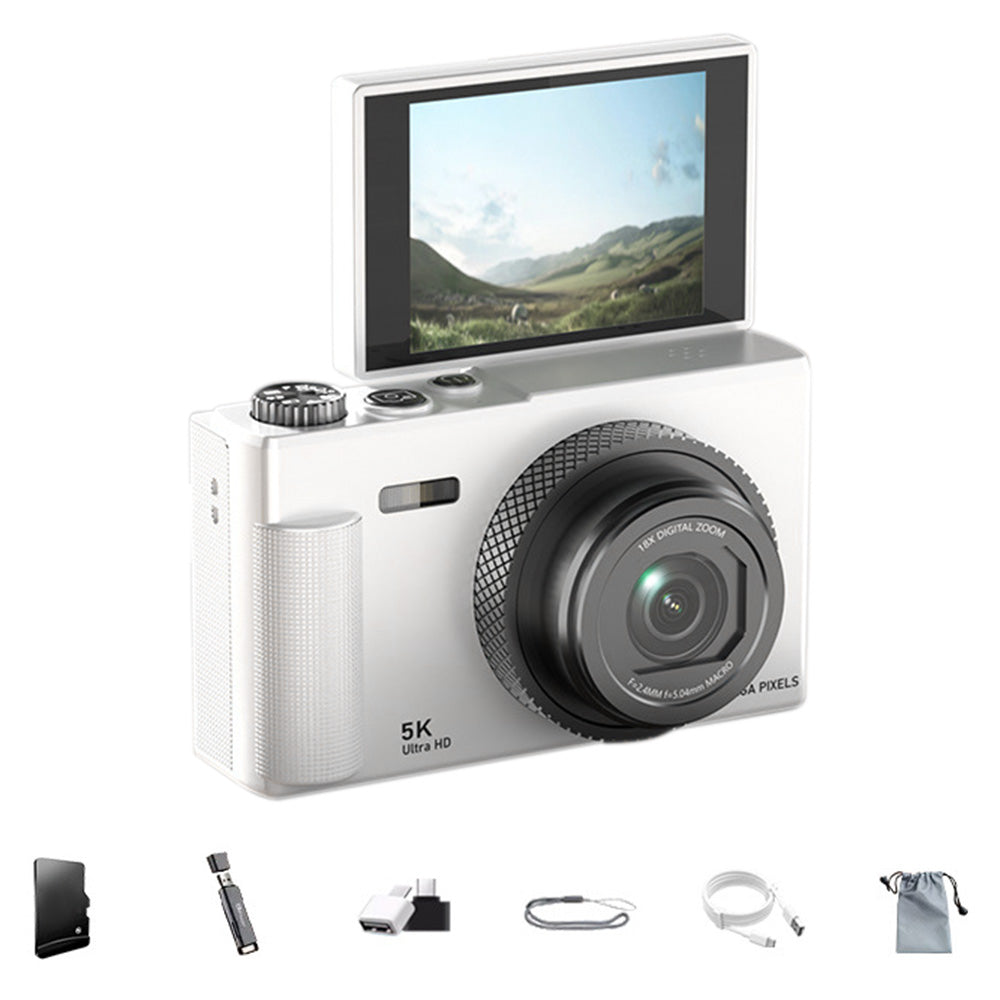 5K Digital Camera ¨C 18X Zoom Flip Screen Point-and-Shoot with 64GB Memory Card White