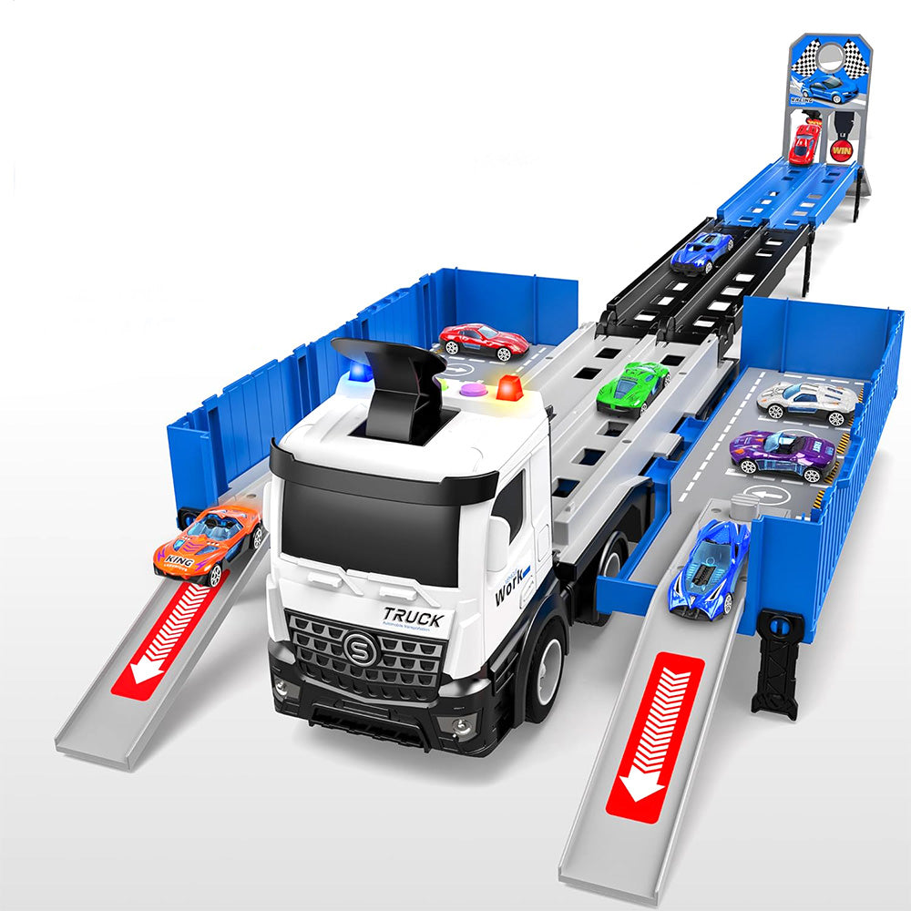 Transform Carrier Truck Race Track Toys with 8 Mini Race Cars Blue