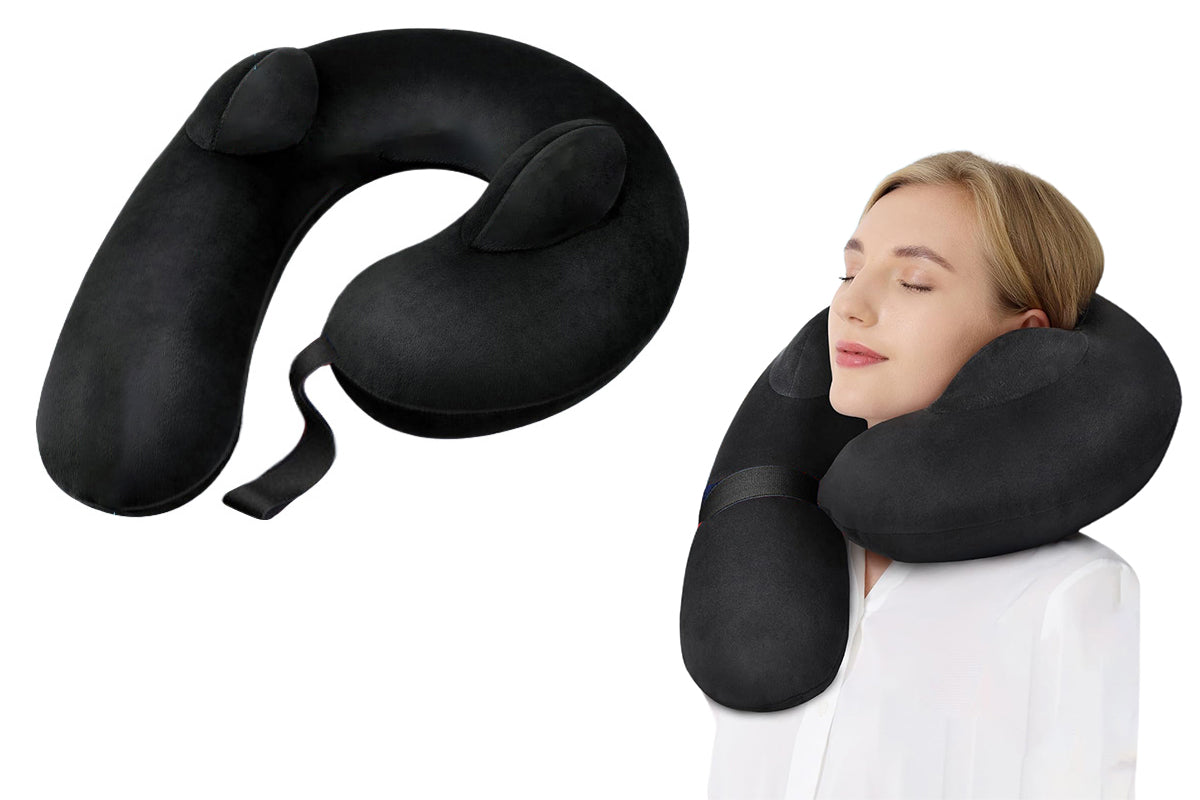 Inflatable Travel Neck Pillow for Airplane Sleeping Air Pillow Supports Head Neck Chin -Black