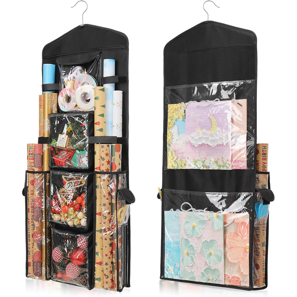 Hanging Wrapping Paper Storage Bag Double-Sided Gift Wrap Organizer Holder Black