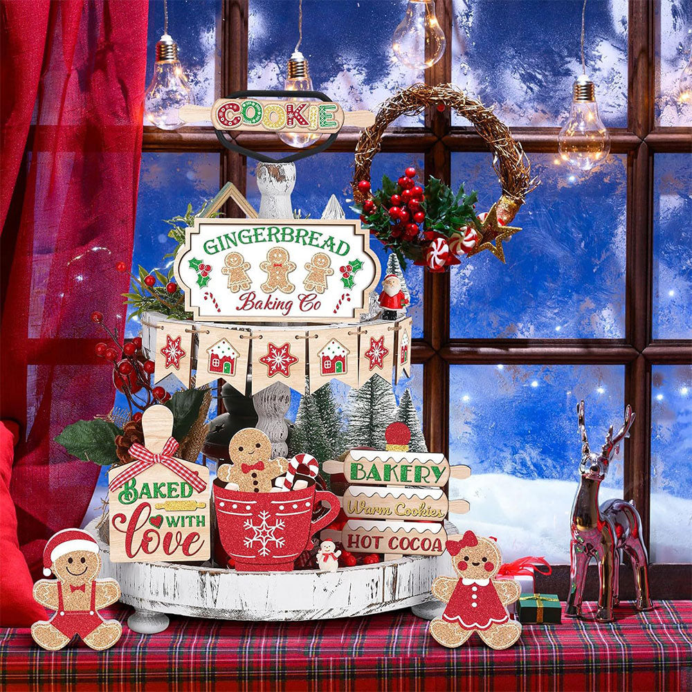 13Pcs Christmas Wooden Sign for Tiered Tray Gingerbread Man Xmas Tabletop Signs Decor