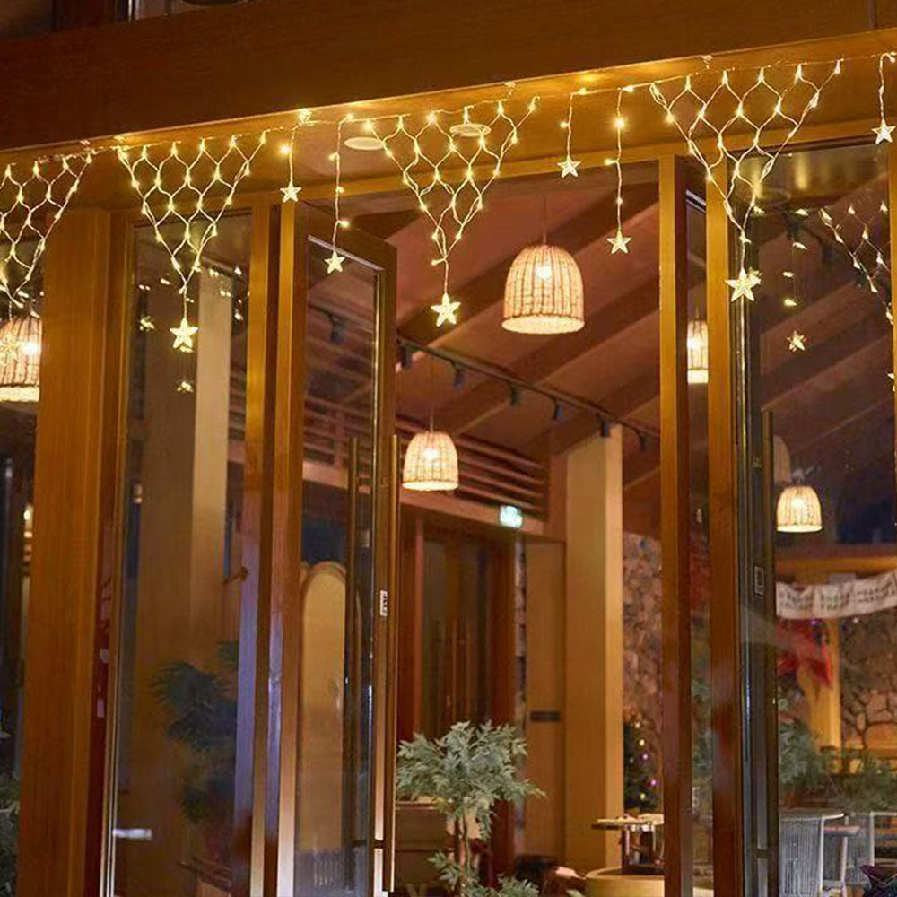 Solar Powered Star String Lights Outdoor Hanging Net Mesh Fairy Lights Warm Light