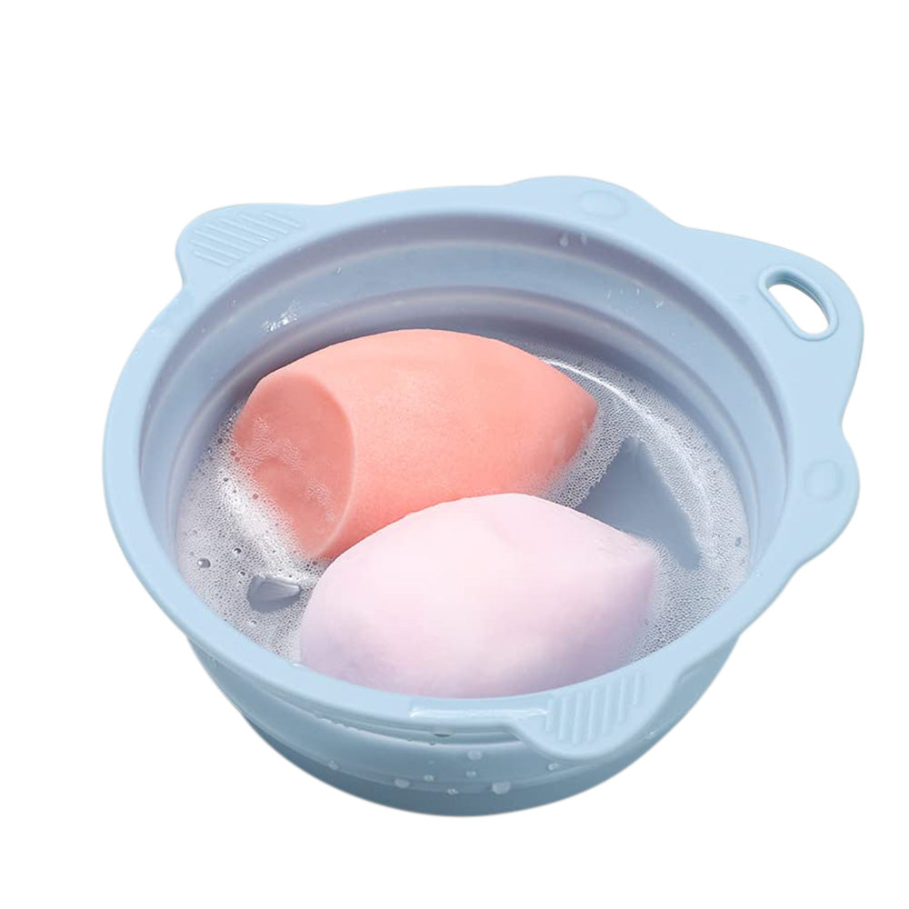 2Pcs Foldable Makeup Brush Cleaner Bowl Portable Silicone Cleaning Tool for Cosmetic Brushes Powder Puffs Sponges Blue