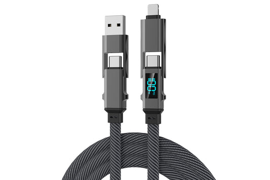 4 in 1 100W Multi Fast Charging Cable 1.5m Flat Braided USB C Cable with LED Display for iPhone Sam Sung MacBook Airpods Android Phone