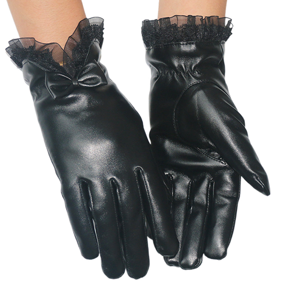 Pair of Women Winter Gloves Touch Screen Driving Warm PU Leather Gloves Style 1