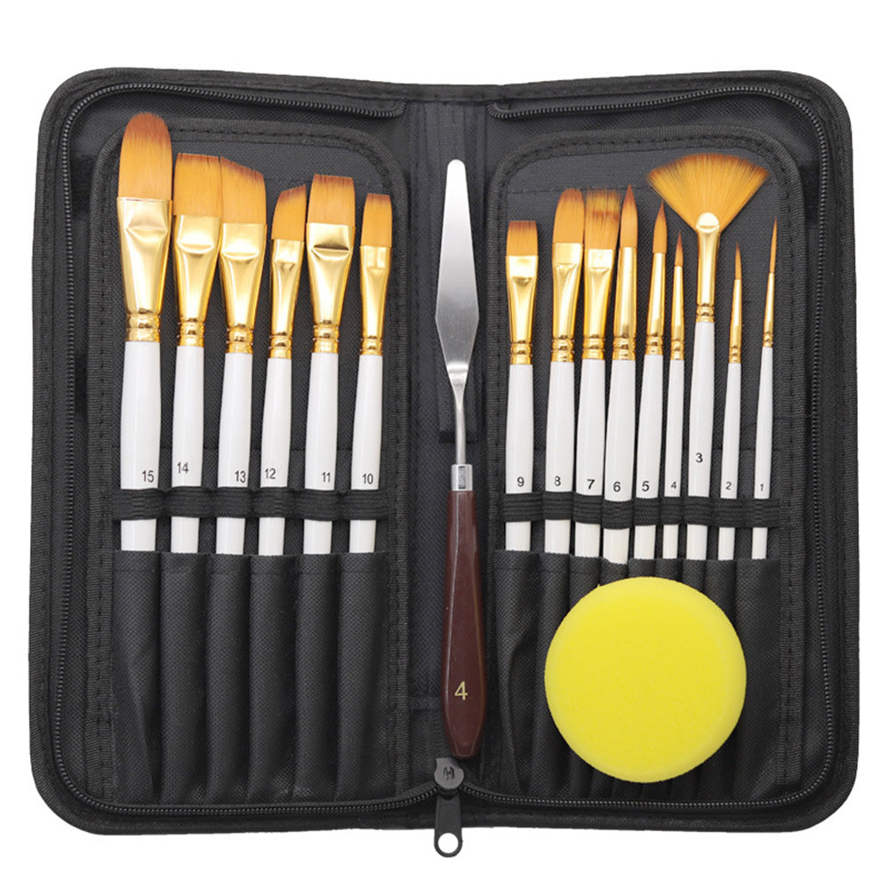 15Pcs Set Artist Paint Brushes with Sponge Brush for Watercolour Oil Painting White