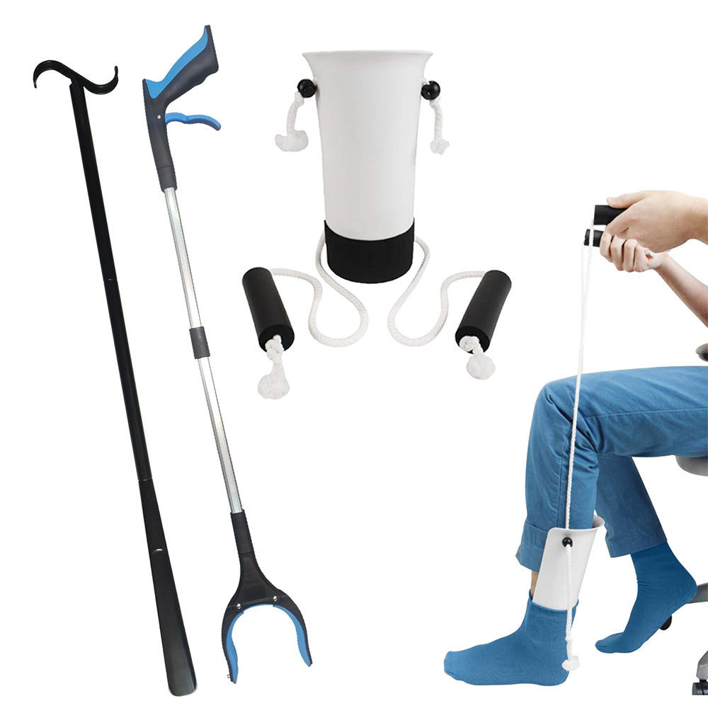 3Pcs Set Hip Replacement Recovery Tools-Sock Aid Long Handle Shoe Horn Telescoping Grabber Reacher Kit