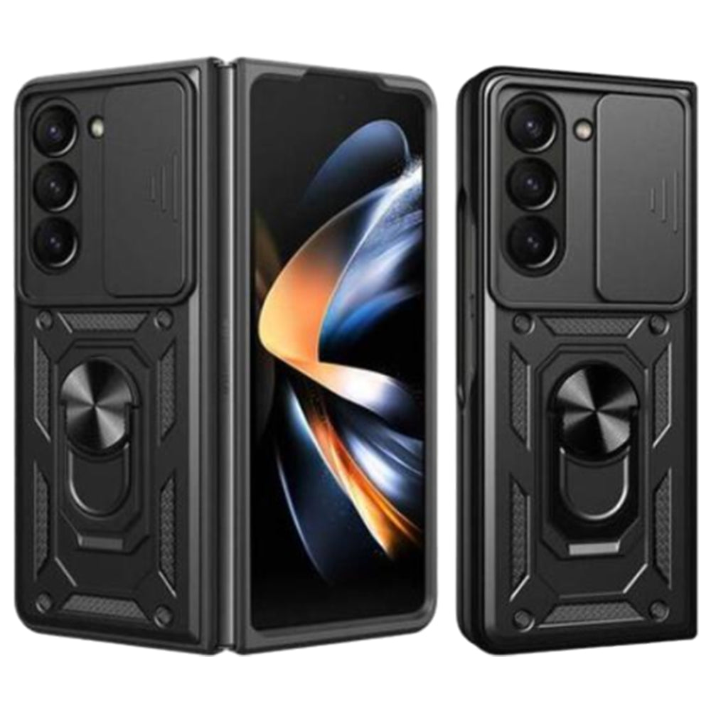 For Samsung Galaxy Z Fold Drop Protection Case Full-Body Shockproof Case with Rotating Ring Stand Black