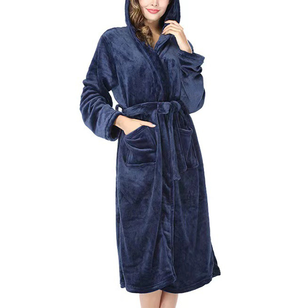 Warm Hooded Bathrobe Long Cozy Spa Hoodie Robes for Ladies  Navy