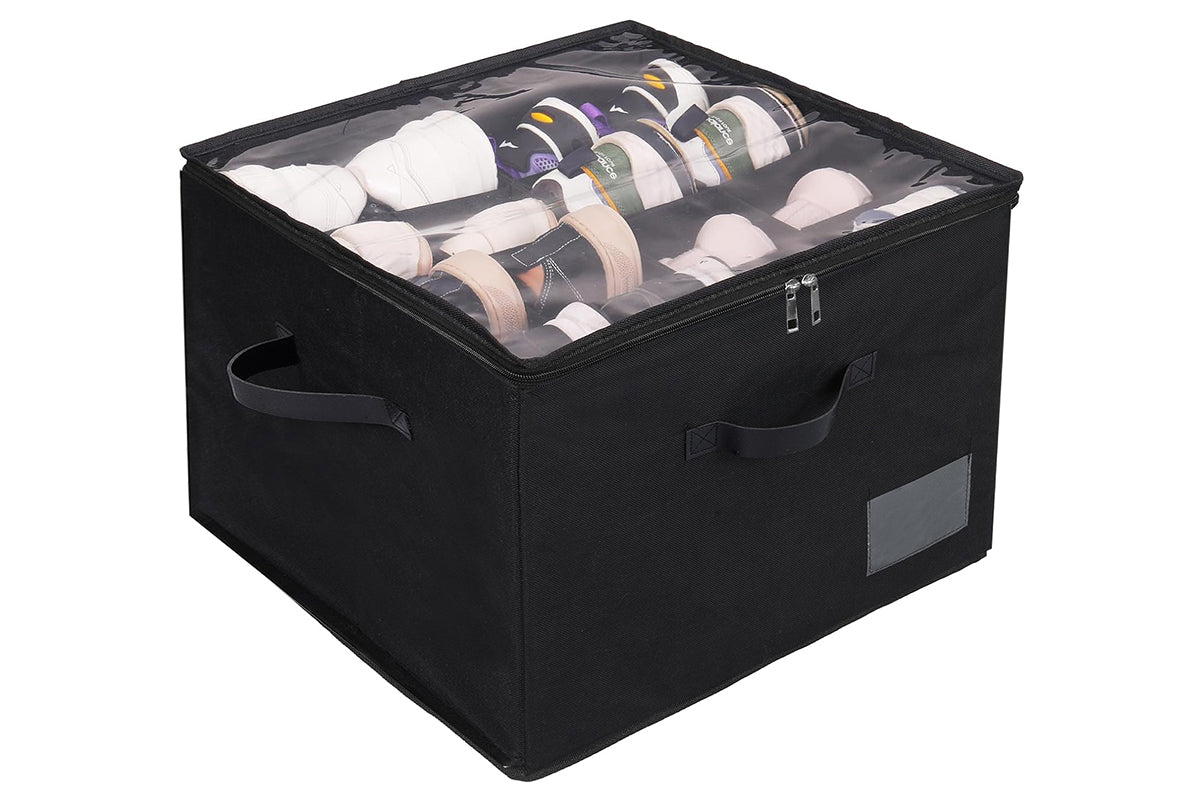 12 Grids Foldable Shoe Storage Organizer for Closet with Transparent Lid Fits 12-16 Pairs for Shoes Sneakers Sandal Heels-Black