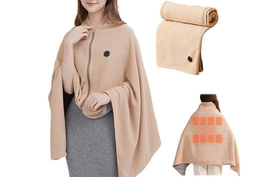 Portable Heated Shawl Wraps with Zipper 15s Fast Heating USB Heated Blanket for Women -Khaki