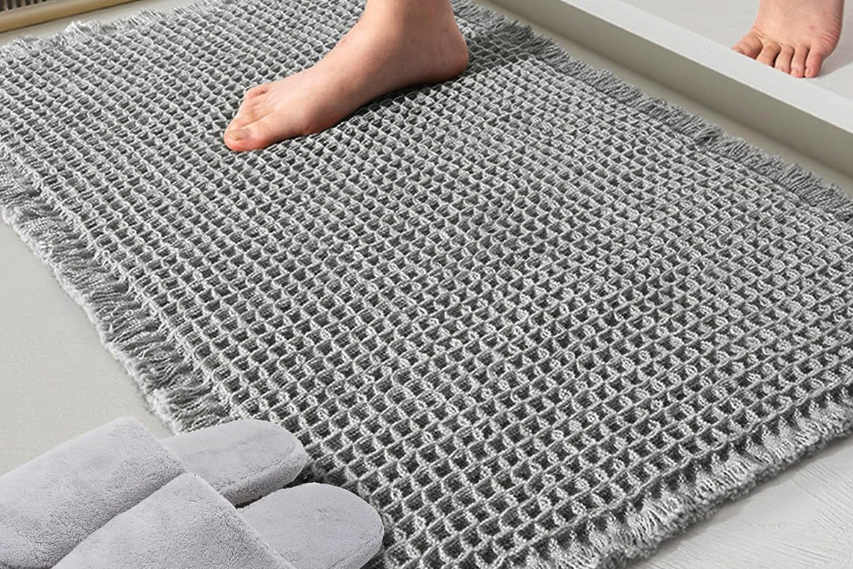 Waffle Bath Mat Super Absorbent Non Slip Bathroom Rug Rubber Backed Bath Rug -Grey