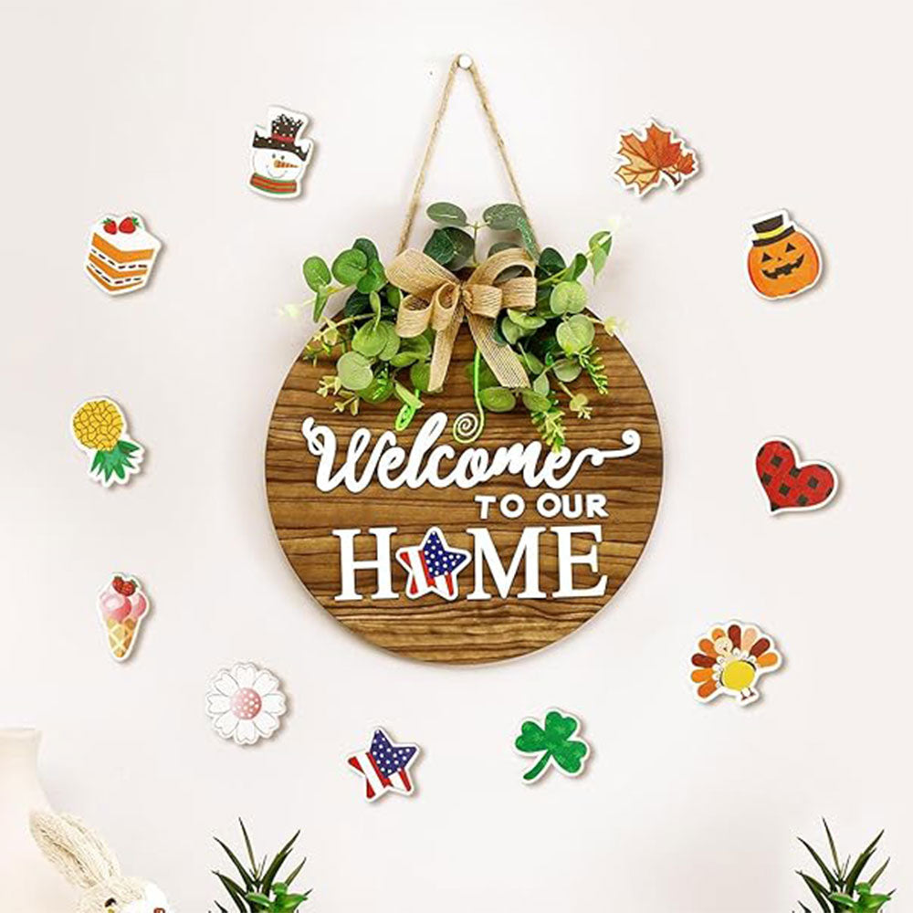 Interchangeable Seasonal Welcome Sign Round Wood Wreaths Hanging Decoration for Outdoor Porch
