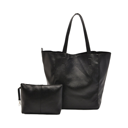 PU Leather Travel Tote Bag and Cosmetic Bag Set Large Handbag for Women Black