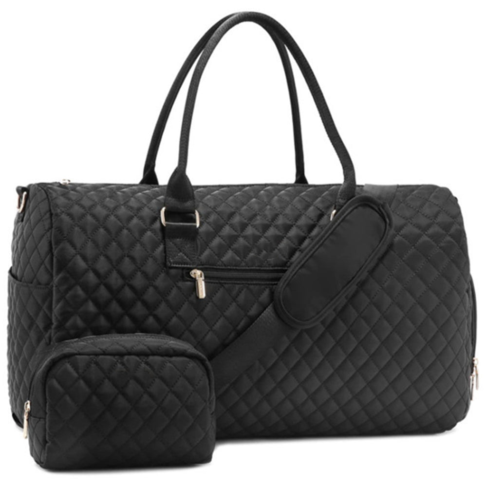 2Pcs Set Carry on Overnight Bags Large Travel Duffle Bag Weekend Tote Bag Yoga Gym Bag with Wet Pocket Black