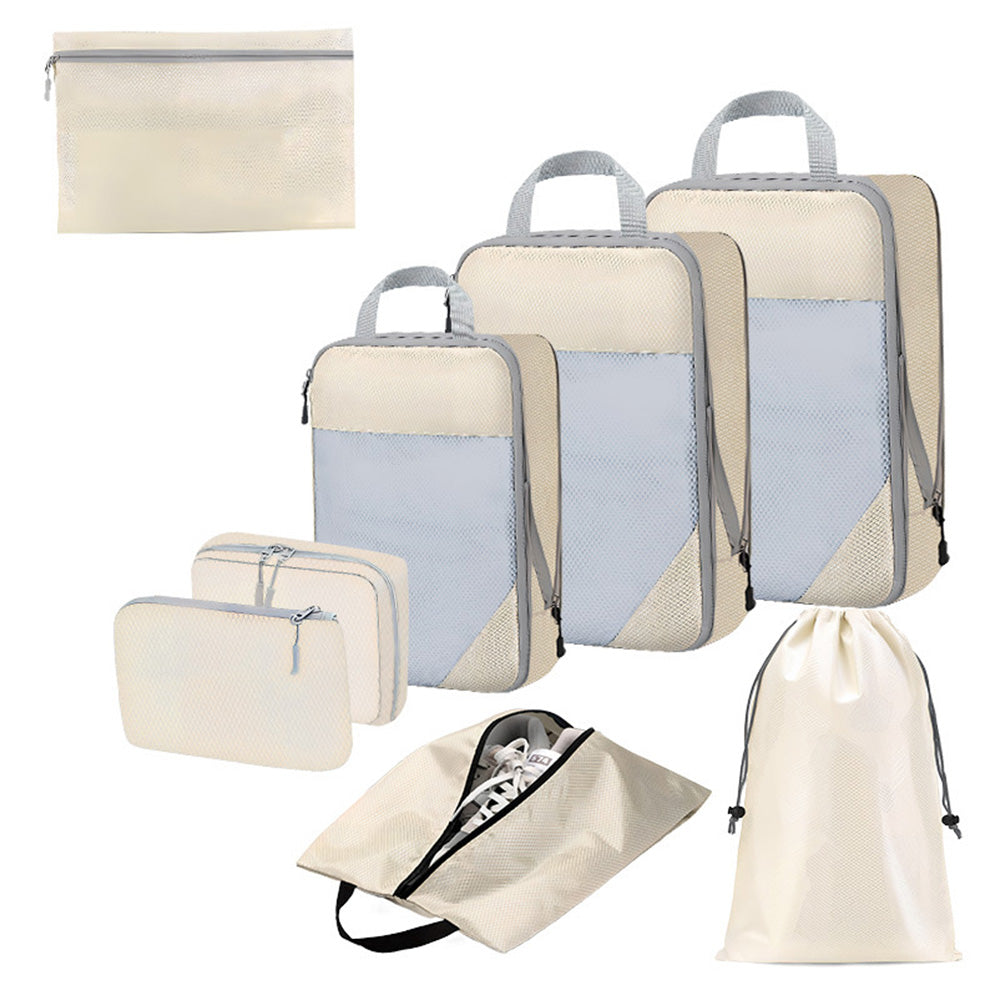 8 Set Compression Packing Cubes For Travel Essentials Expandable Luggage Storage Bags Set with Laundry Beige