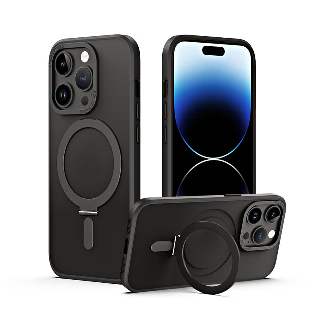 For iPhone 15 Series Magnetic Stand Case Anti-Scratch Shockproof Protective Case with Metal Ring Black