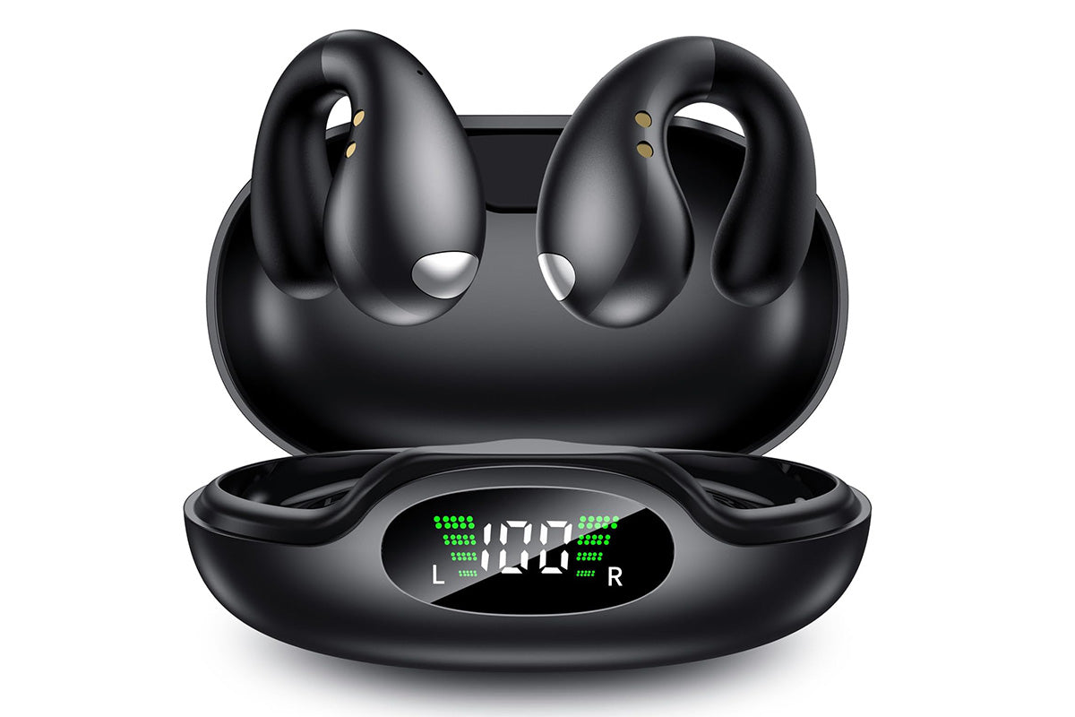 Open Ear Earbuds Ergonomic Clip-On Earbuds Bone Conduction Over-The-Ear Headphones-Black