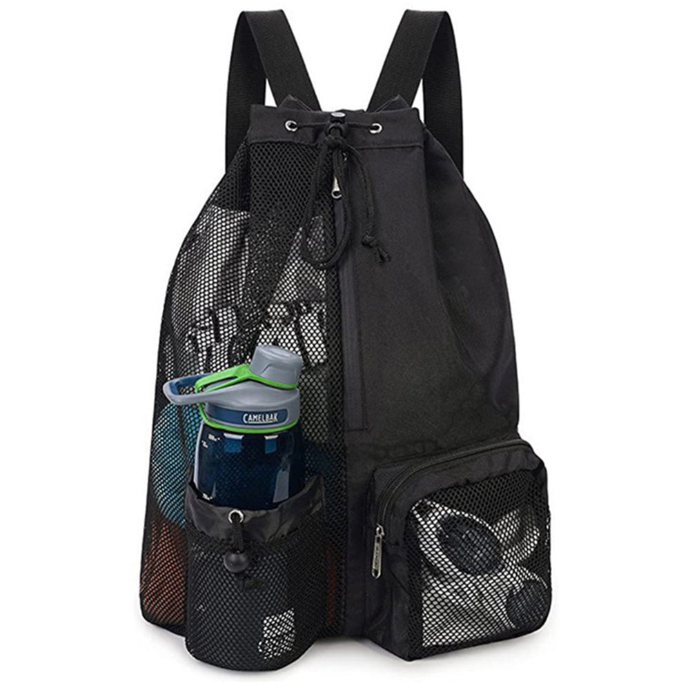 Drawstring Swim Bag Mesh Backpack with Wet Pocket for Swimming Gym Workout Black