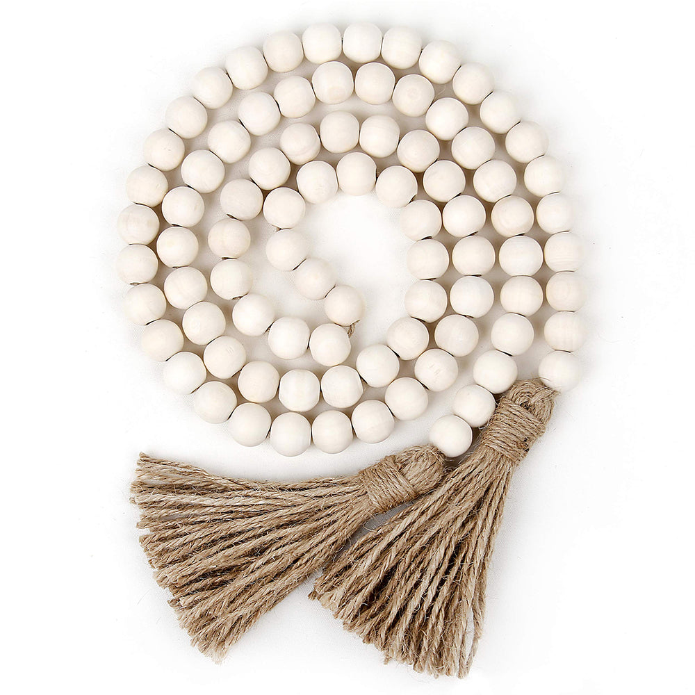 148cm Wood Bead Garland with Tassels Boho Beads Wall Hanging Decoration-Beige
