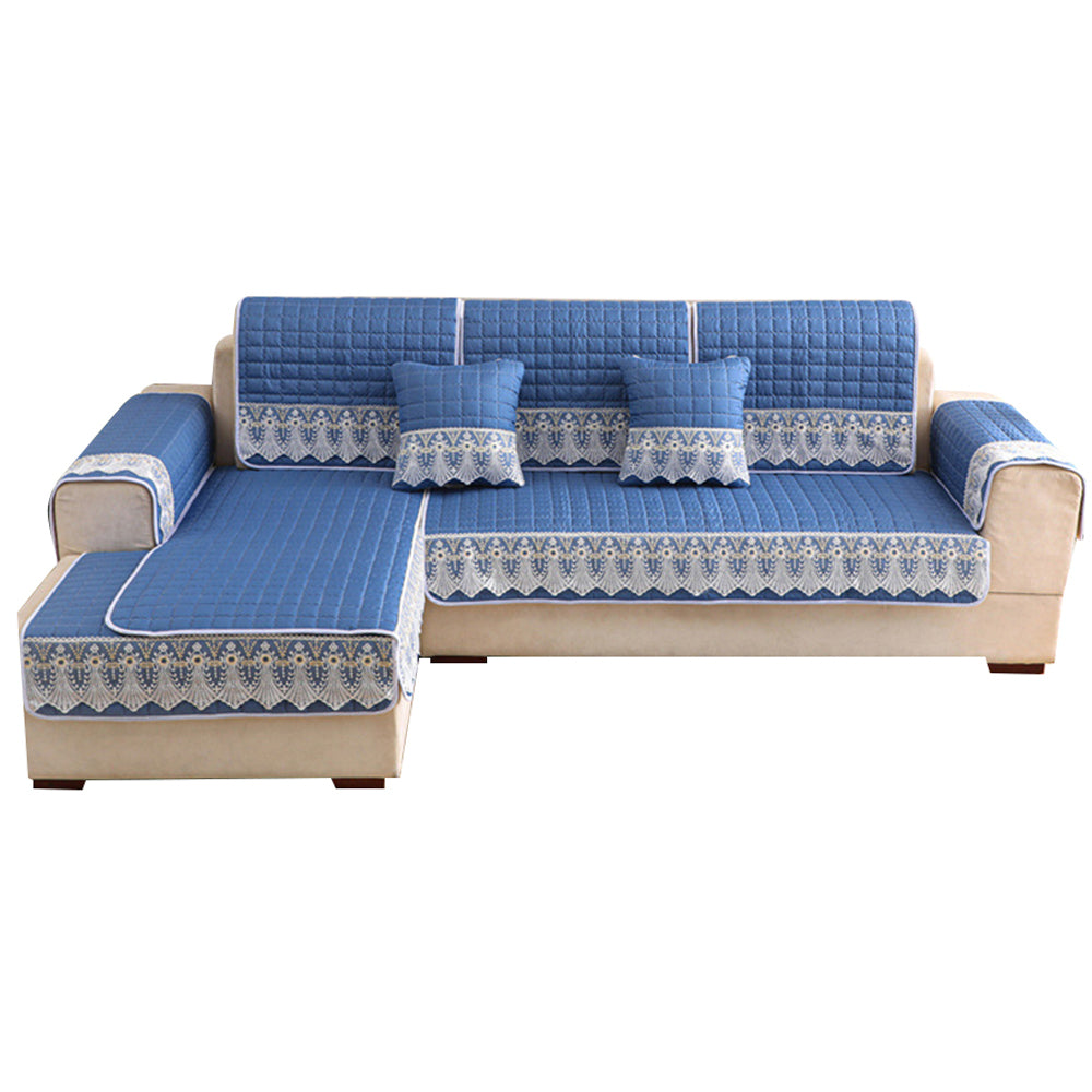 Lace Trim Sofa Cover Plaid Quilted Non-Slip Sofa Slipcover Sectional Couch Cover -Blue