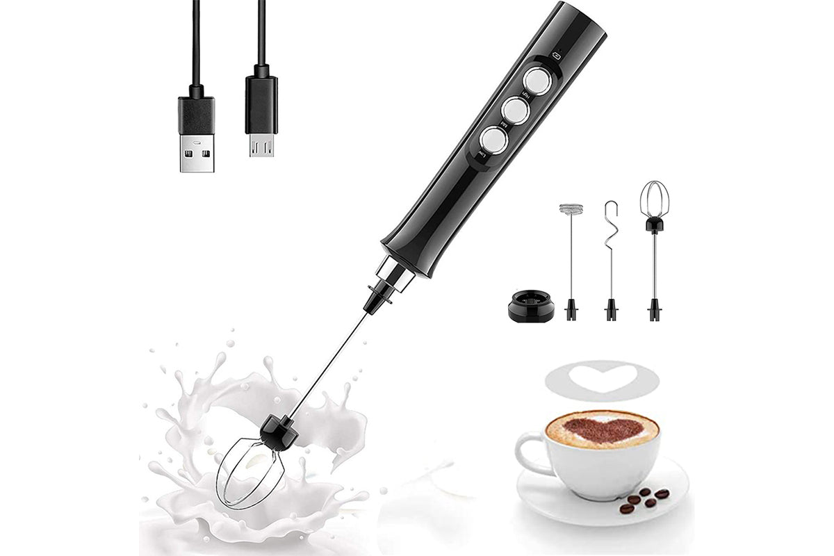 Milk Frother Handheld USB Rechargeable Milk Foam Maker With 3 Stainless Whisks-Black