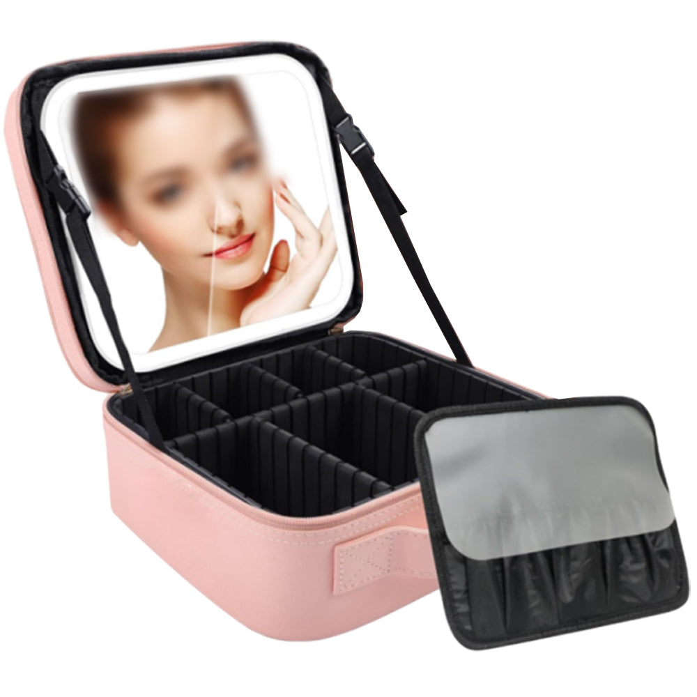 Travel Makeup Bag with Lighted Mirror Cosmetic Train Case with Adjustable Dividers Pink