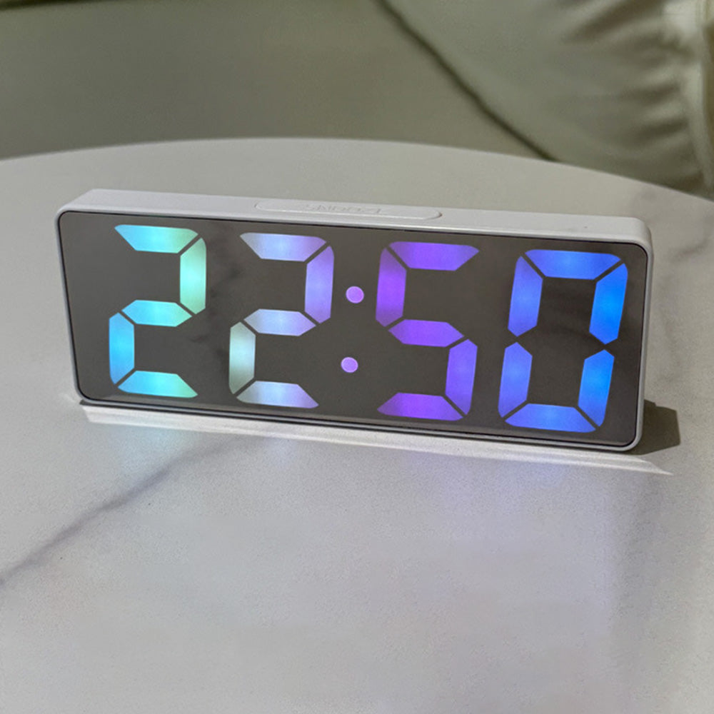 Dual Power Supply Digital Alarm Clock Bedside Alarm with Large LED Mirror Display White