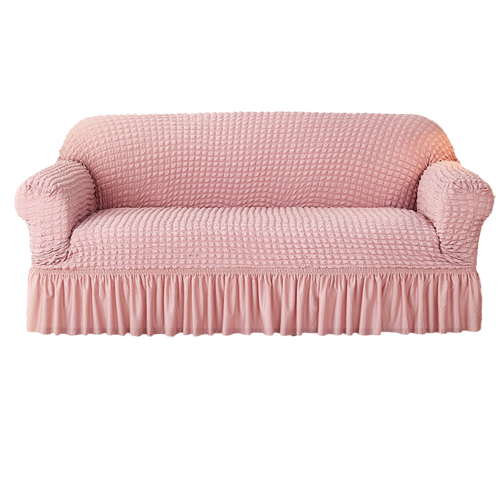 Seersucker Couch Cover with Ruffle Hemline Stretch Sofa Cover -Pink