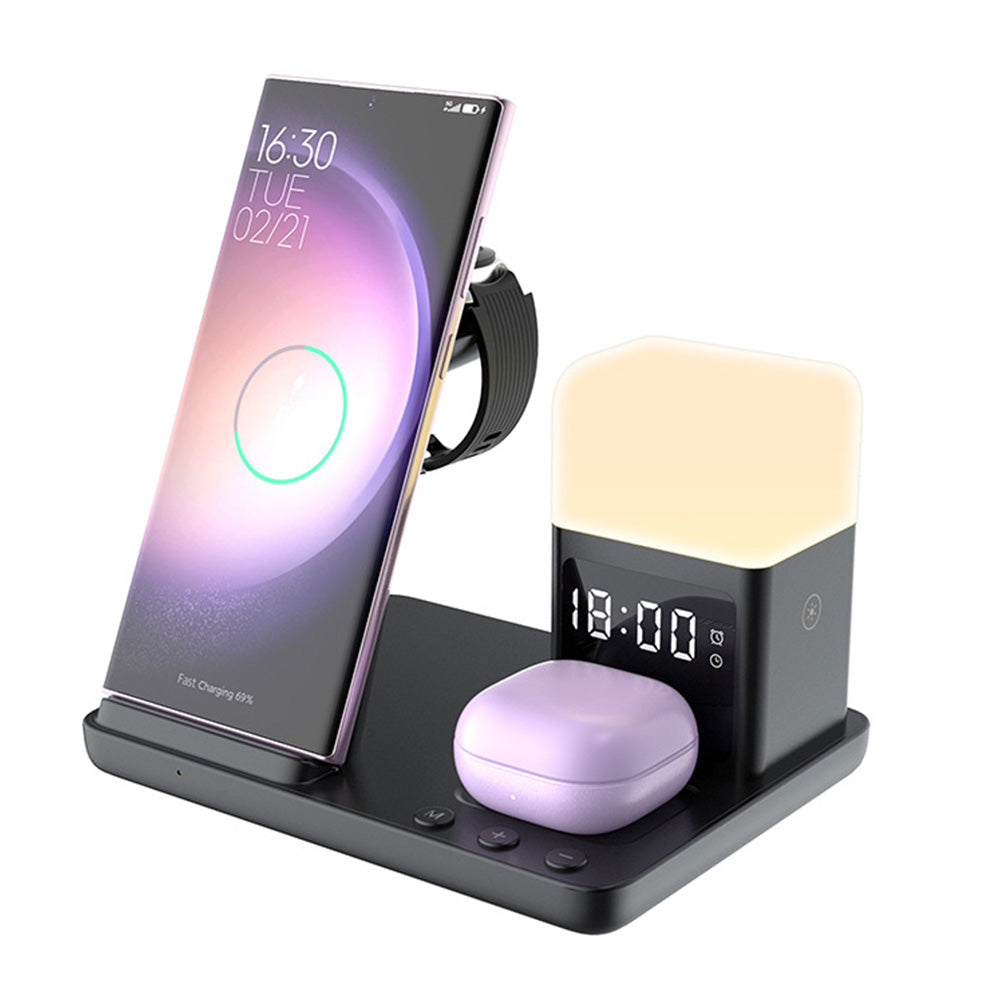 6-in-1 Wireless Charging Station for Multiple Devices with Alarm Clock and Night Light for Samsung Devices