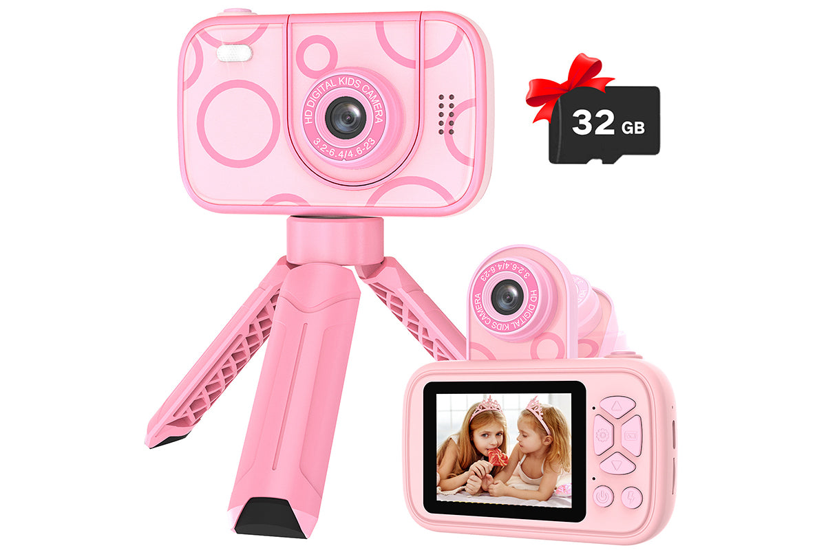 32GB Camera Toys for Boys Girls 1080P HD Digital Camera with Flip up Lens for Selfie and Video Christmas Birthday Party Gifts-Pink