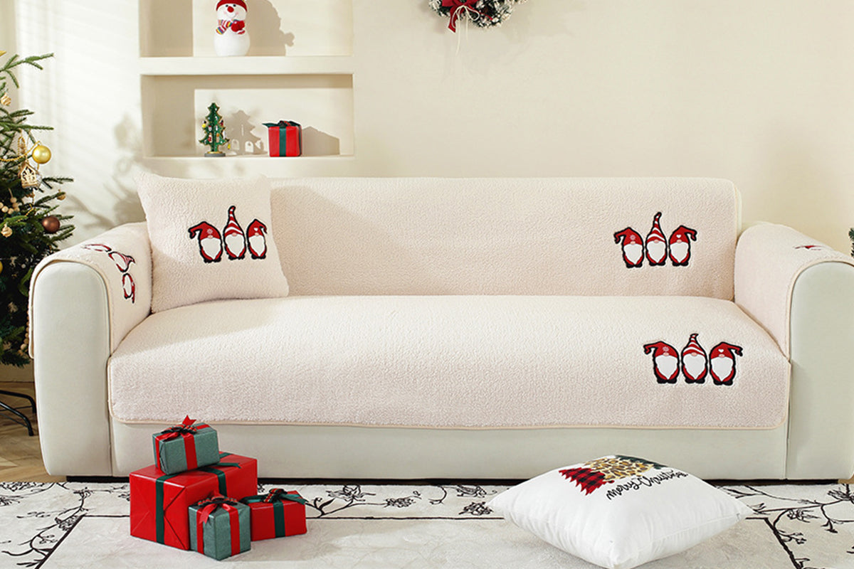 Christmas Sherpa Fleece Slipcover Protector Sofa Throw Cover Soft Thick Cozy Sofa Throw-Beige