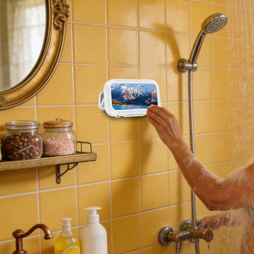Waterproof Anti-Fog Rotating Shower Phone Holder for Bathroom Smartphone Case-White