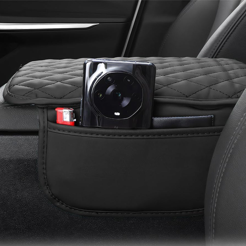 PU Leather Car Center Console Cover with 2 Storage Pocket Car Arm Rest Cover Car Interior Accessories Black