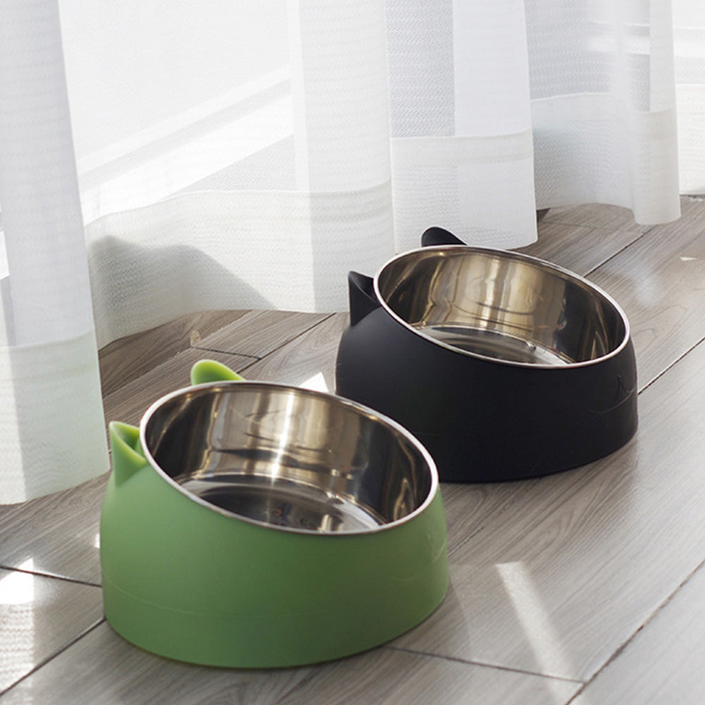 400ml Stainless Steel Tilted Pet Bowl Non-Slip Raised Feeder for Cats and Dogs-Green