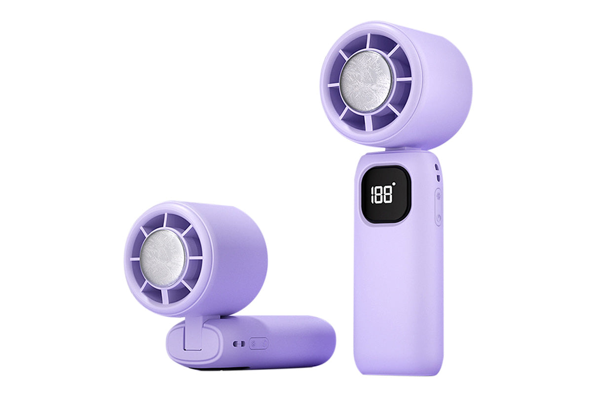 100 Speeds Digital Display Cooling Fan USB Fan with Lanyard and Phone Holder Base-Purple